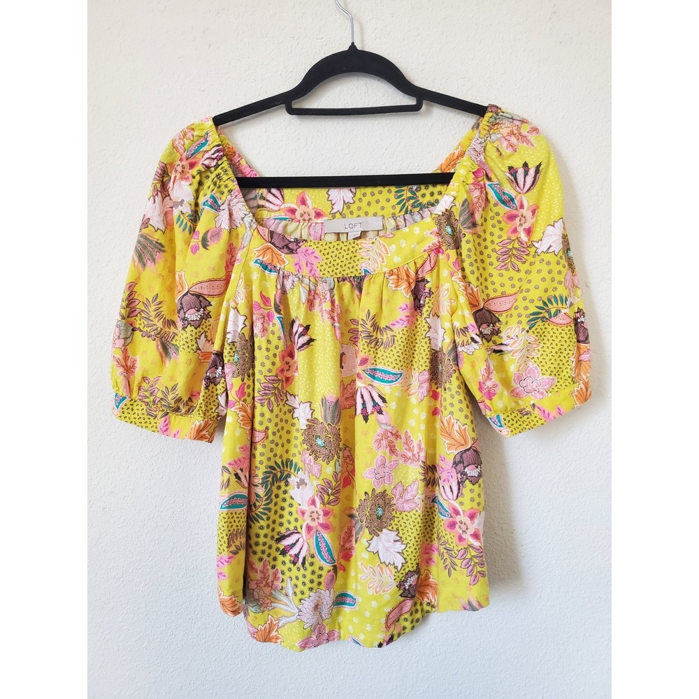 LOFT Yellow Floral‎ Square Neck Puff Sleeve Linen Blend Top Small Colorful - Picture 9 of 9